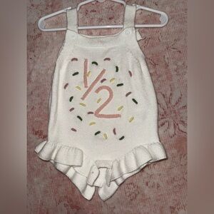 Half a year birthday outfit, White Knit Baby Romper with Colorful Accents